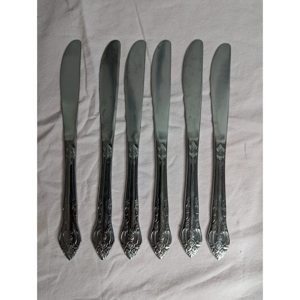 6 lot H.F. LTD Stainless stamped flower pattern knife knives estate find